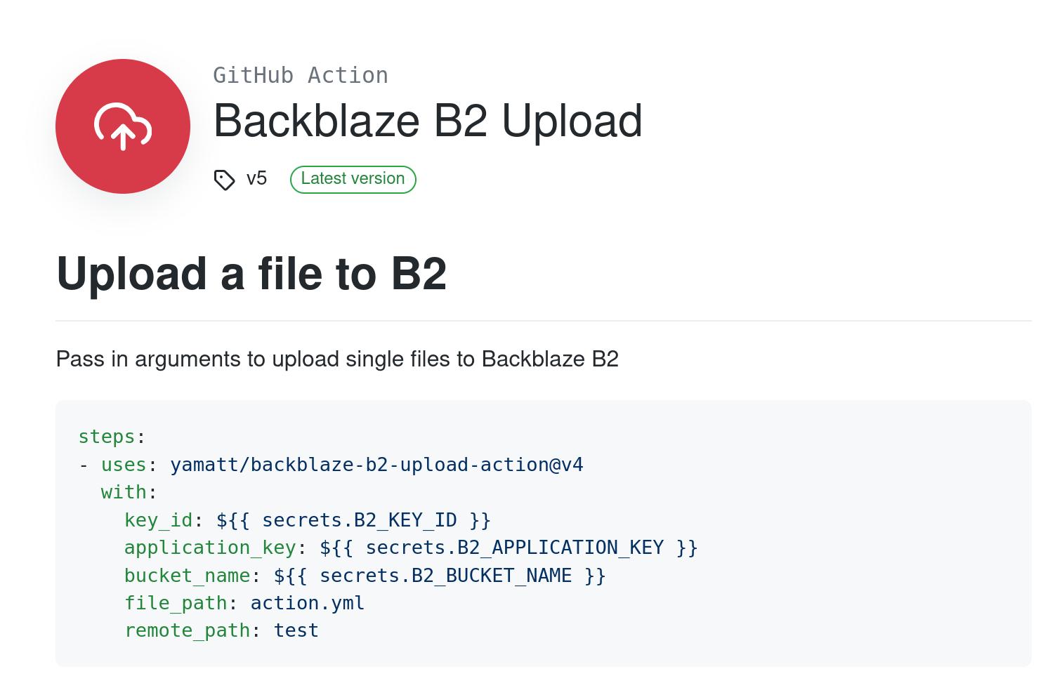 Backblaze B2 Upload File GitHub Action